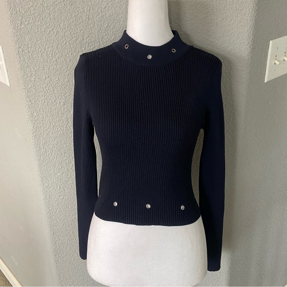 Chic Navy Long Sleeve Top with Metallic Details